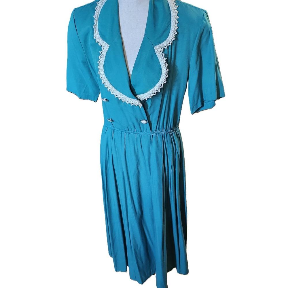 Vintage Periwinkle Dress Teal w/Lace Collar SZ 16 Cottagecore Retro 1970-1980's